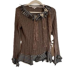 Zba Brown Sweater Striped Ruffle with Floral Appliqué Women S